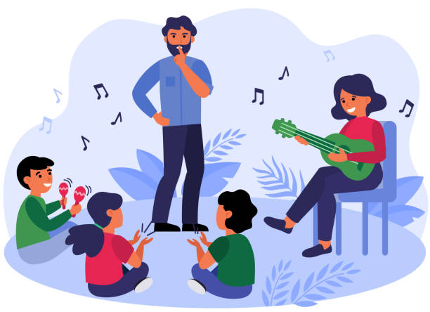 Father asking kids to keep silence Father asking kids to keep silence. Playing guitar, maracas, fun flat vector illustration. Family, music concept for banner, website design or landing web page making music stock illustrations