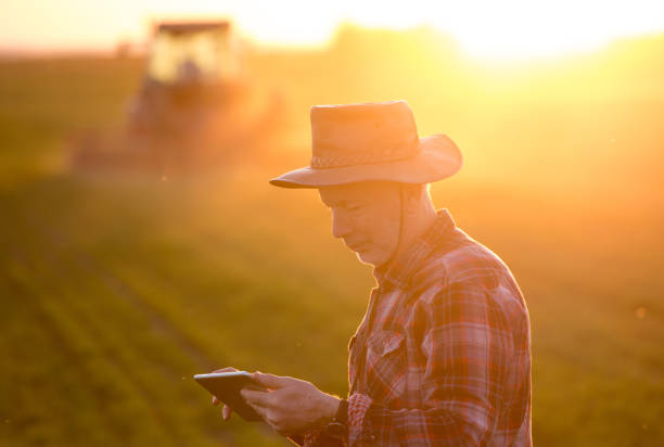 istock Farmer with tablet in field and tractor in background 1248681700