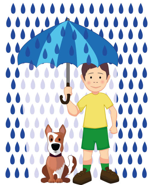 illustrations, cliparts, dessins animés et icônes de le garçon attentionné se protège lui-même et son chien de la pluie - cartoon umbrella dog care