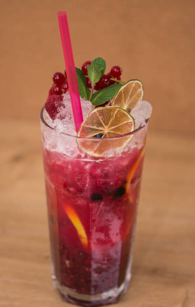 istock Tasty cold fresh drink lemonade with raspberry, mint, ice and lime in glass 1248683297