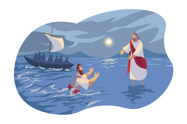 Jesus walks on water, Bible concept Jesus walks on water, Bible concept. Apostle Peter falling under water because of doubts. Picture of Jesus Christ son of god walking on water. Bible illustration in cartoon style. Vector flat design new testament stock illustrations