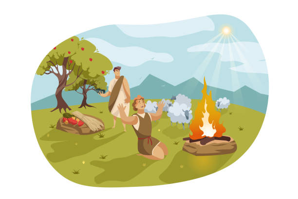 Cain and Abel, Bible concept Cain and Abel, Bible concept. Jealous and envious Cain is going to murder Abel. God favored Abels sacrifice instead of Cains. Biblical illustration of fratricide sin in cartoon style. Vector flat farmer son stock illustrations