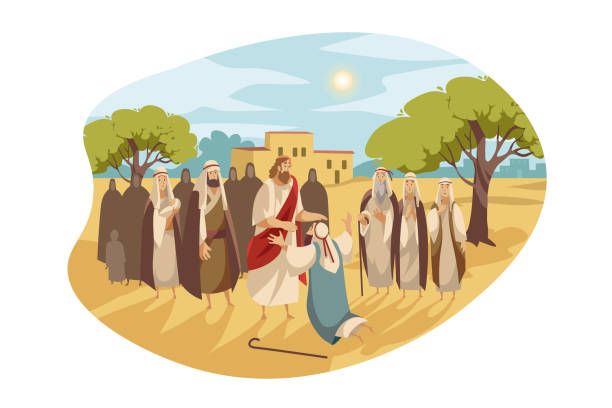 мессия исцеляет слепого, библейская концепция - ставень иллюстрации stock illustrations