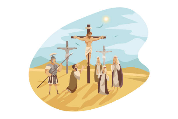 illustrazioni stock, clip art, cartoni animati e icone di tendenza di crocifissione di cristo, concetto biblico - calvario gerusalemme illustrazioni