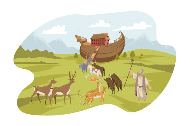 Noahs Ark, Bible concept Noahs Ark, Bible concept. Noah calls every animal on his Ark. Biblical illustration of world flood making by god and Noahs Ark in cartoon style. Picture of salvation from gods punisment. Vector flat bible stock illustrations