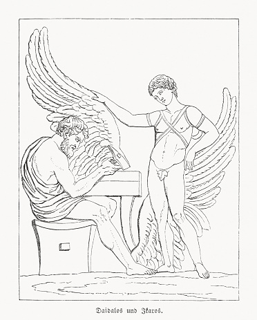 Daedalus made wings for himself and his son Icarus. Scene from the Greek mythology.  Wood engraving after an ancient relief in the Villa Albani in Rome, Italy, published in 1868.