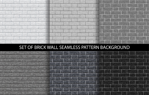 Brick wall grey seamless pattern set. Grayscale gradient brick background textures - gray, white, light, dark, black colors. Set of seamless brick gray wall texture. Vector pattern illustration.