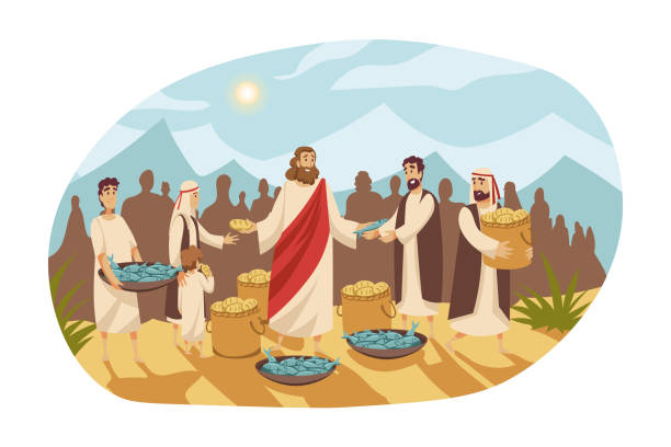 Christianity, religion, Bible concept Christianity, religion, Bible concept. Saturation feeding crowd of five thousand people with two fish and five loaves by Jesus Christ son of God. New Testament biblical series cartoon illustration. bible stock illustrations