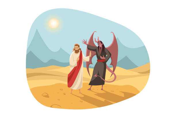 Christianity, religion, Bible concept Christianity, religion, Bible concept. New Testament biblical religious series illustration. Temptation of Jesus Christ son of God messiah by Satan Devil in Judaen wasteland for 40 days and nights. pics of a bewitched stock illustrations