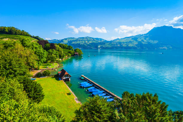 vista panoramica della città di spiez, svizzera - thun cityscape famous place switzerland foto e immagini stock