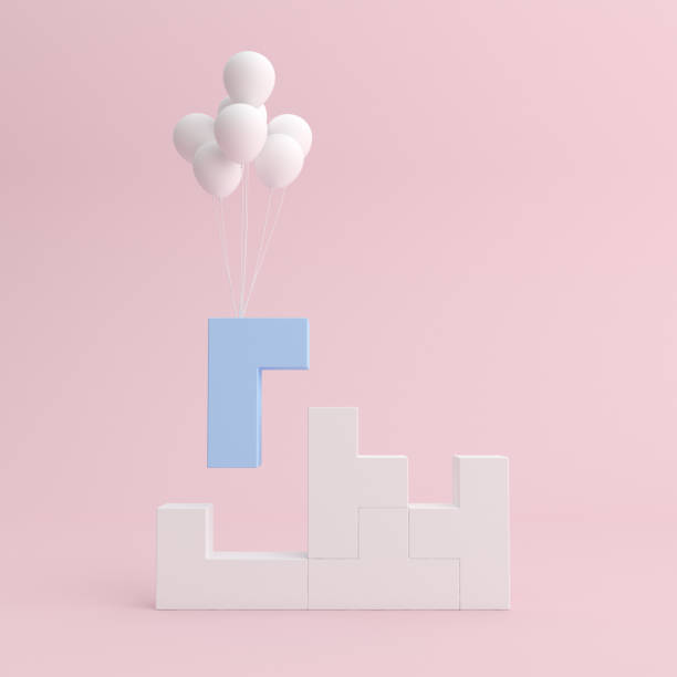 Minimal mock up of stacked geometric blocks and floating balloons,game game. 3D rendering Minimal mock up of stacked geometric blocks and floating balloons,game game. 3D rendering block stacking video game stock pictures, royalty-free photos & images