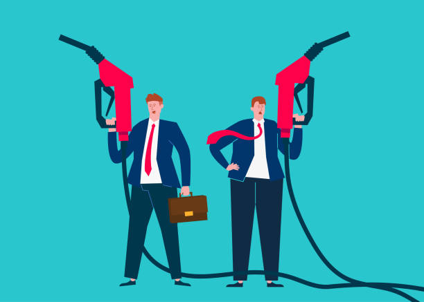 Two businessmen stood holding fuel pump, crude oil war Two businessmen stood holding fuel pump, crude oil war symbol fuel and power generation fossil fuel fuel pump stock illustrations