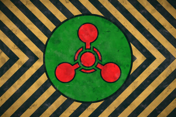 chemische waffen symbol design silhouette in grün und rot in einem kreis auf warnstreifen muster hintergrund - toxic waste biochemical warfare biohazard symbol dirty stock-grafiken, -clipart, -cartoons und -symbole