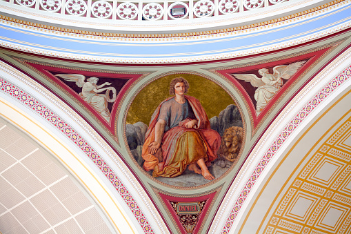 Mural of prophet Daniel in Nikolai cathedral in Potsdam, part of so-called Tambourkuppel. Church was made by Schinkel in 19th century, rebuilt after 1945 . Mural of Daniel was made by Hermann Theodor Schultz in 19th century