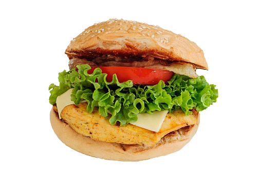 Tasty burger with chicken isolated on white background