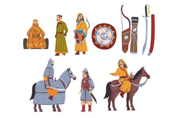 Mongol Nomad Warriors in Traditional Clothing with Weapon Collection, Central Asian Characters Vector Illustration Mongol Nomad Warriors in Traditional Clothing with Weapon Collection, Central Asian Characters Vector Illustration on White Background. mongolian ethnicity stock illustrations