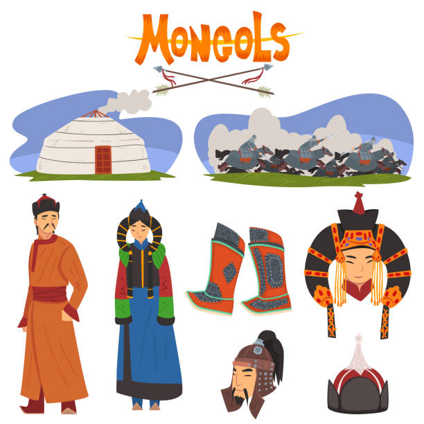 Mongol People in Traditional Clothing Collection, Central Asian Characters, Dwelling, Nomad, Asian Warriors Vector Illustration Mongol People in Traditional Clothing Collection, Central Asian Characters, Dwelling, Nomad, Asian Warriors Vector Illustration on White Background. mongolian ethnicity stock illustrations