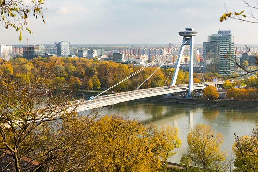 Image of view on UFO Bridge in Bratislava outdoors.