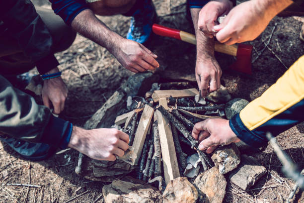 istock Campers Setting Up Wood For A Camp Fire 1248694587
