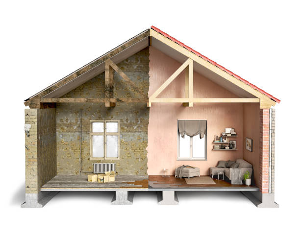 istock Half-old and half-new house, cross-section, 3d illustration 1248695502
