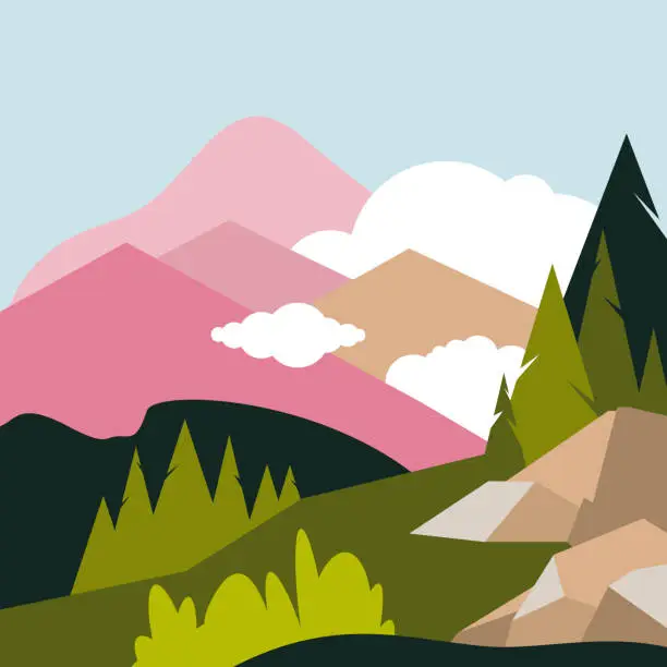 Vector illustration of Landscape with mountain peaks in the clouds, overgrown with forest. In the foreground are trees and stones. Leaflet depicting summer mountain hikes. Vector illustration.