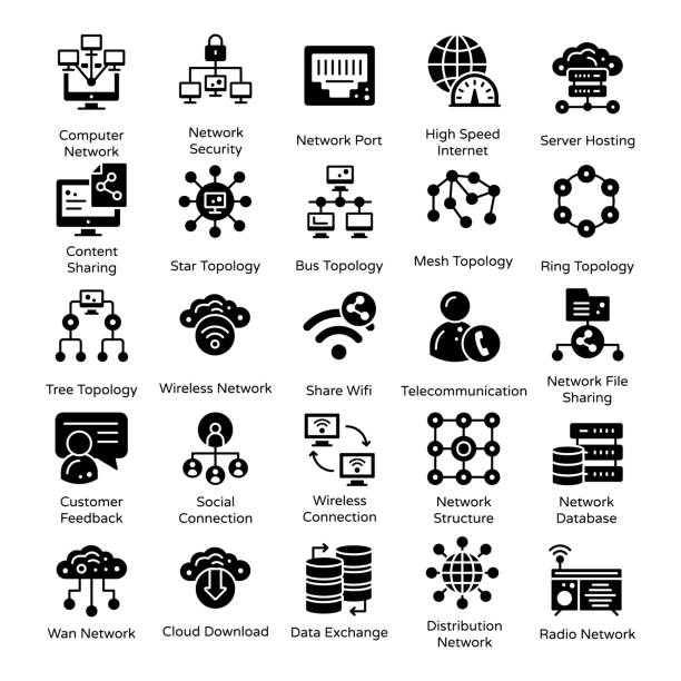 пакет твердых иконок сети, соединения и связи - computer network topology stock illustrations