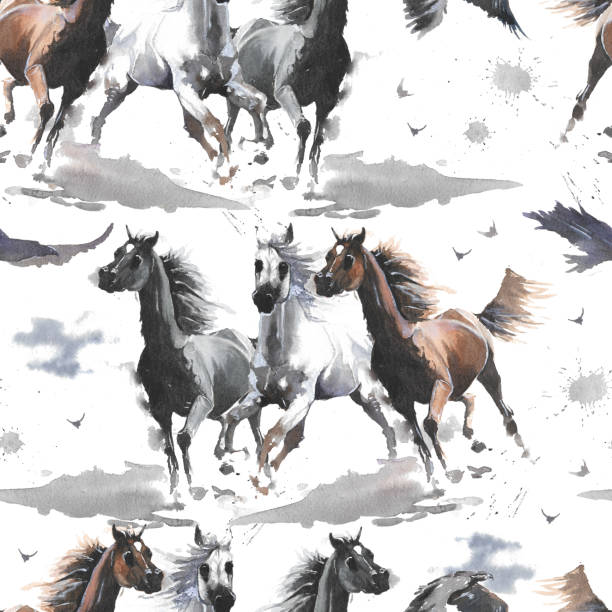 illustrazioni stock, clip art, cartoni animati e icone di tendenza di illustrazione ad acquerello. cartone animato carino. modello senza soluzione di continuità. cavalli bianchi e marrone scuro, aquila. mustang selvaggio arabo. - cavallo equino