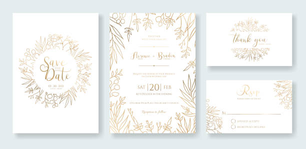 Gold Wedding Invitation, save the date, thank you, rsvp card Design template. Silver dollar, olive leaves. Gold Wedding Invitation, save the date, thank you, rsvp card Design template. Vector. Silver dollar, olive leaves. rsvp stock illustrations