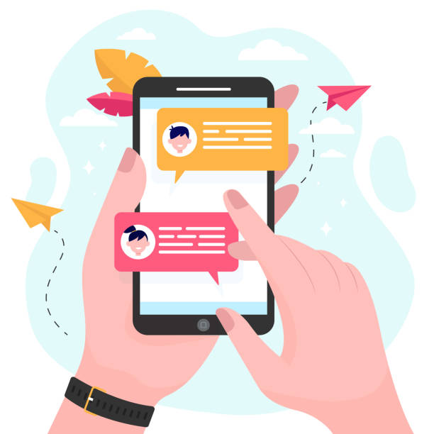 Hand holding mobile phone with online messages Hand holding mobile phone with online messages flat vector illustration. Modern smartphone screen with chat. Communication and conversation concept notification icon illustrations stock illustrations