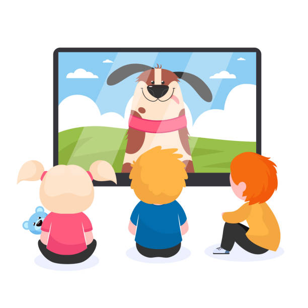 Children watching TV flat vector illustration Children watching TV flat vector illustration. Kids sitting near television screen and watching cartoon film or movie. Technology and entertainment concept kids watching tv stock illustrations