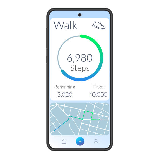 illustrations, cliparts, dessins animés et icônes de interface de l’application fitness avec compteur d’étapes en cours d’exécution ou de marche sur l’écran du téléphone mobile. ui et ux conçoivent pour l’analyse de la santé. tableau de bord d’activité avec suivi de marche sur le smartpho - global positioning system map direction mobile phone