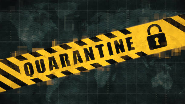 istock Diagonal quarantine lockdown message design cordon tape with a padlock symbol on a faint world map background 1248700649