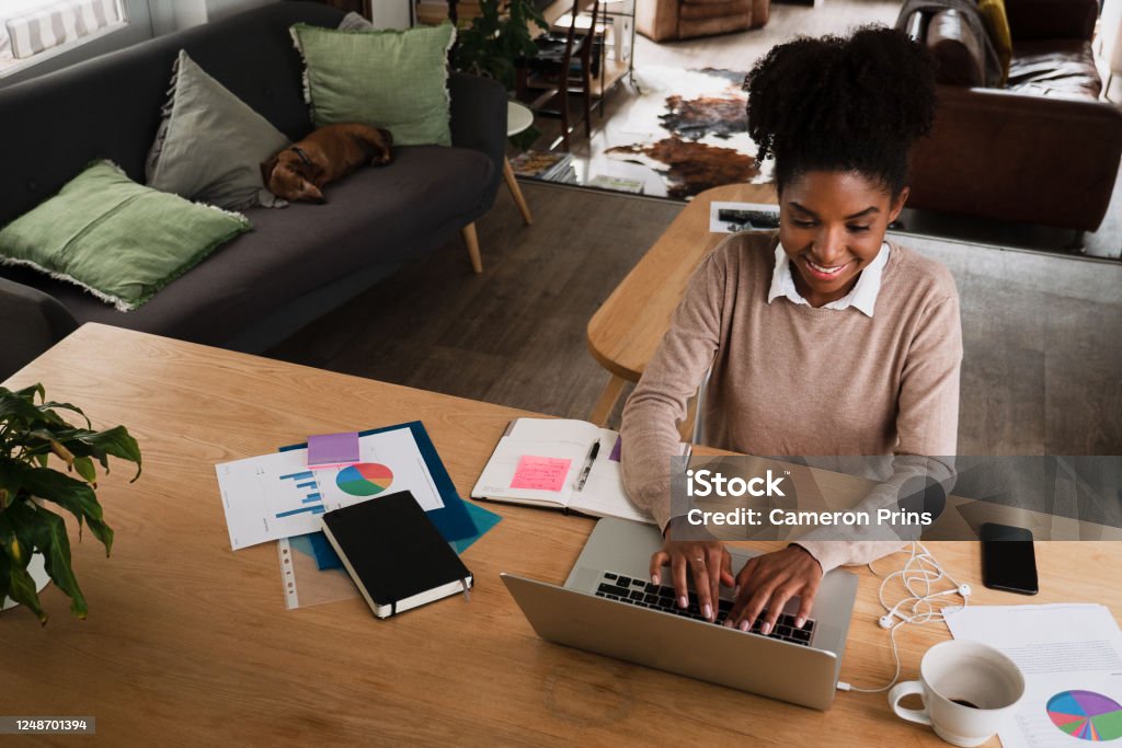Young professional woman working and studying from home Young professional mixed race female working and studying from home Working At Home Stock Photo