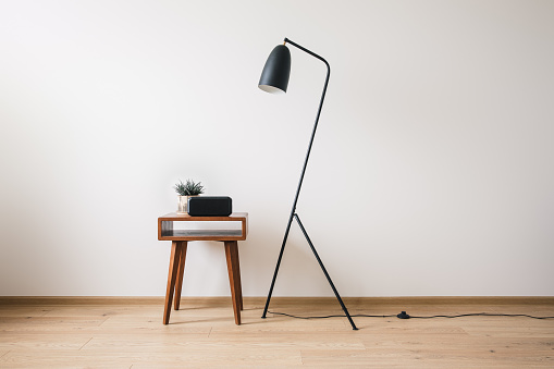lámpara de pie de metal y mesa de centro de madera con planta y reloj con pantalla en blanco photo