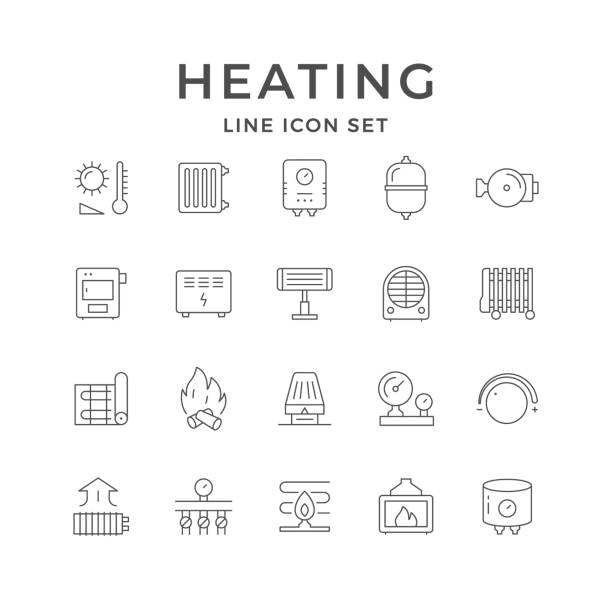 Set line icons of heating Set line icons of heating isolated on white. Radiator, electric or gas boiler, warm electric floor, convector. Different heater types oil, fan, infrared. Climate equipment. Vector illustration radiator stock illustrations