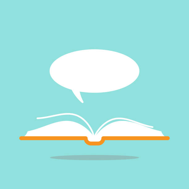 istock Open book with red book cover and white speech bubble flying out. Isolated on powder blue background. 1248702521