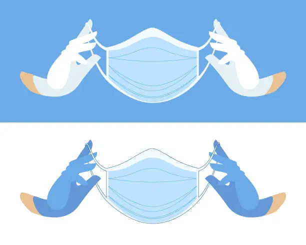 Vector illustration of Protective mask against viruses and bacteria in white and blue medical gloved hands. care for the health of the doctor and patient. professional paramedic accessories.