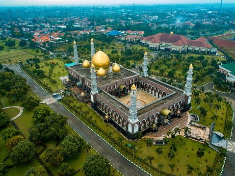 Aerial of The Golden Mosque Indonesia drone shot Dian Al Mahri