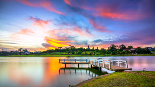istock Sunrise on the small bridge overlooking the lake 1248703273