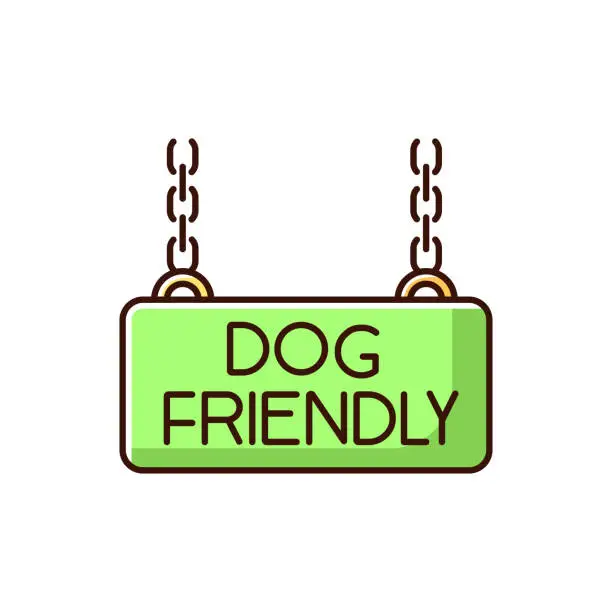 Vector illustration of Dog friendly territory green RGB color icon. Doggy permitted zone nameplate, puppies welcome terrain. Domestic animals allowed area chain hanging plate. Isolated vector illustration