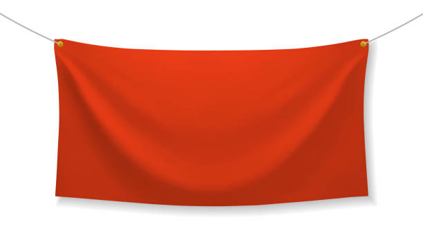 Red fabric banner with folds and shadow Red fabric banner with folds and transparent shadow isolated on white background. Blank hanging textile template. Empty mockup. Vector illustration hanging fabric stock illustrations