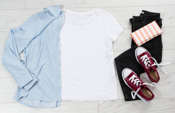 istock Casual t-shirt clothes mock up top view, copy space mock up, empty tshirt, space for print, background for designer 1248706681