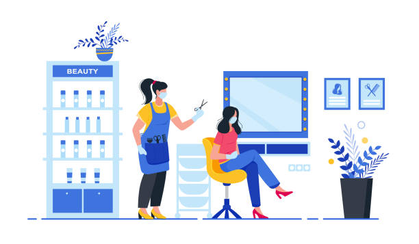Compliance with sanitary standards in a beauty salon. Interior of beauty salon. Compliance with sanitary standards in a beauty salon. Hairdresser with customer in protective mask and gloves. Interior of beauty salon. barber illustrations stock illustrations