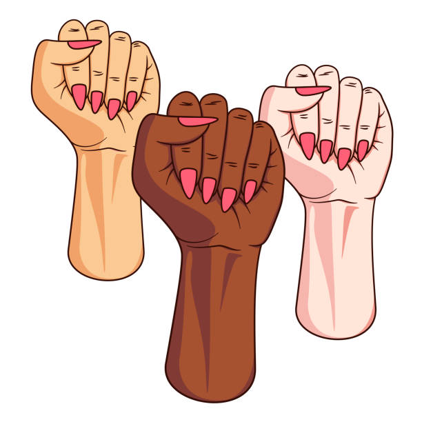 3つの異なる肌の色の女性の拳が空気中に上がった。女性の腕と手。フェミニズムのフェミニストプライドシンボルは団結し、権利のために戦う。男女の自由に対する平等と抗議の兆候。 - anti sex点のイラスト素材／クリップアート素材／マンガ素材／アイコン素材
