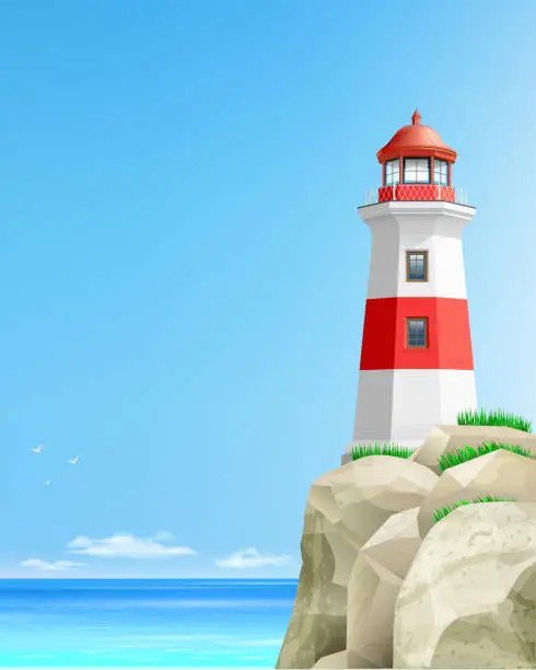 Vector illustration of Landscape with a lighthouse on a background of the sea