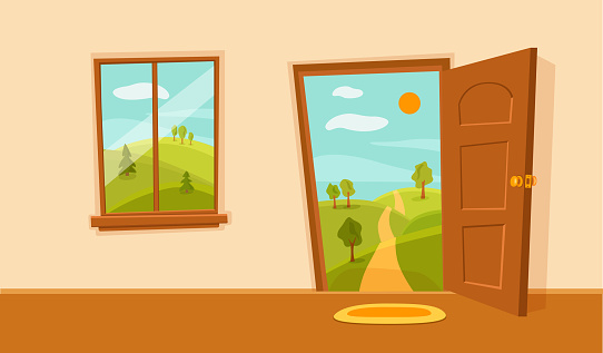 Window And Door Cartoon Colorful Vector Illustration With Valley Summer Sun  Landscape Stock Illustration - Download Image Now - iStock