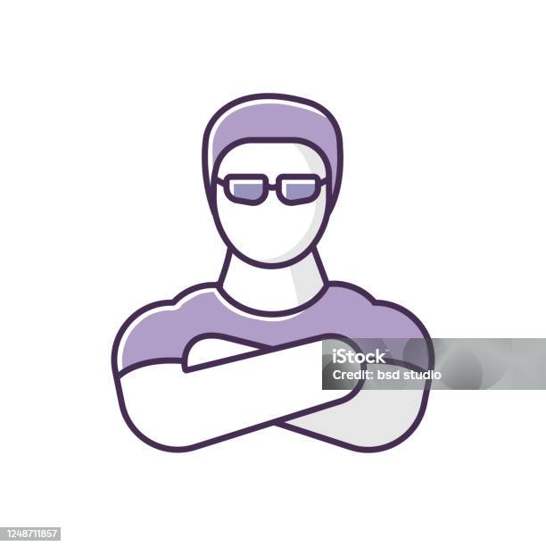 ナイトクラブの警備員rgbカラーアイコンエンターテイメント会場ナイトクラブのフェイスコントロール腕を組んだプロのバウンサーサングラスの分離され