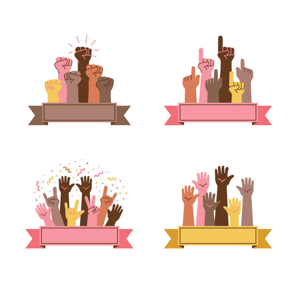 ilustrações de stock, clip art, desenhos animados e ícones de hand gestures set - hand raised arms raised multi ethnic group human hand