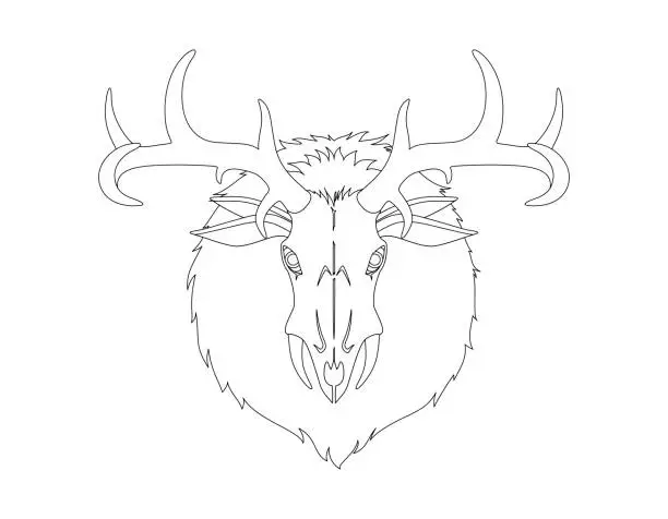 Vector illustration of Wendigo monster head. Animal skull with deer horns fur and ears. Creature from native american folklore beliefs. Windigo mythical evil spirit for halloween or folklore school lesson.