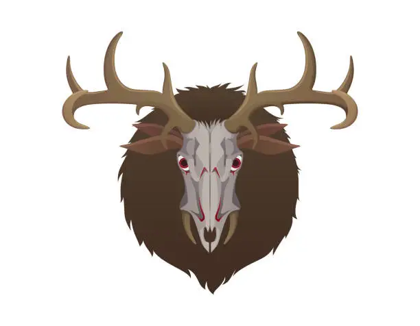 Vector illustration of Wendigo monster head. Animal skull with deer horns fur and ears. Creature from native american folklore beliefs. Windigo mythical evil spirit for halloween or folklore school lesson.